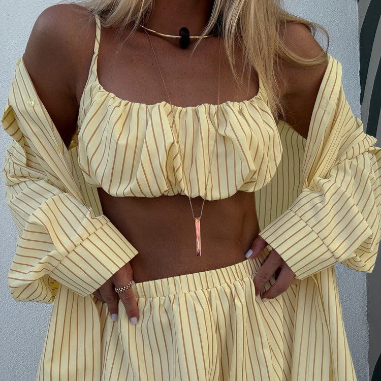 Women's Striped 3 Piece Outfit Set&Oversized Button Down Shirt&Crop Tube Top&Elastic Shorts&Yellow Casual Loungewear NorixaFashion.com