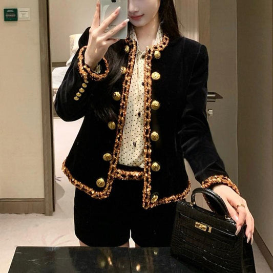 French Retro Heavy Embroidery Sequins Gold Buckle Black Coat Best YouTube Store