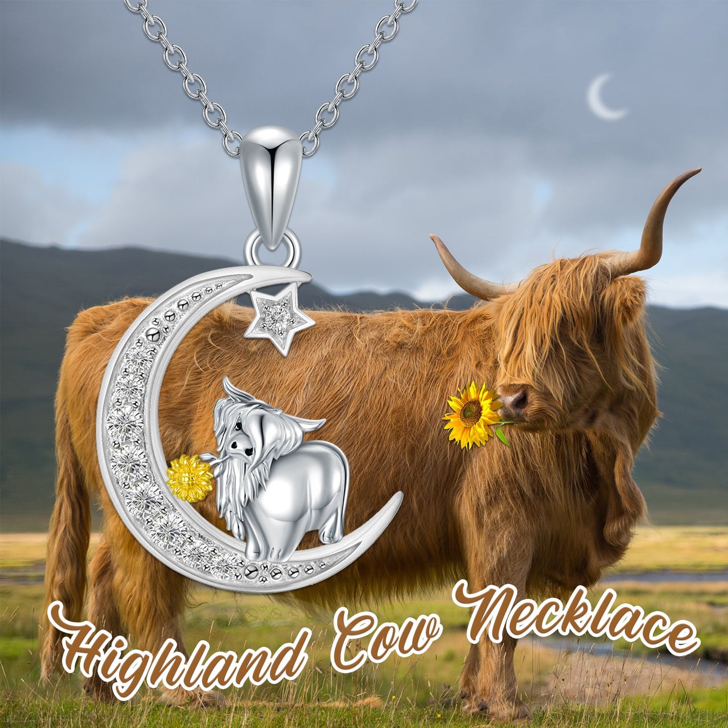 Highland Cow Necklace Sterling Silver Cow Pendant Sunflower Necklace Cow Jewelry Gifts for Women Girls Cow Lovers LadyShow.Store