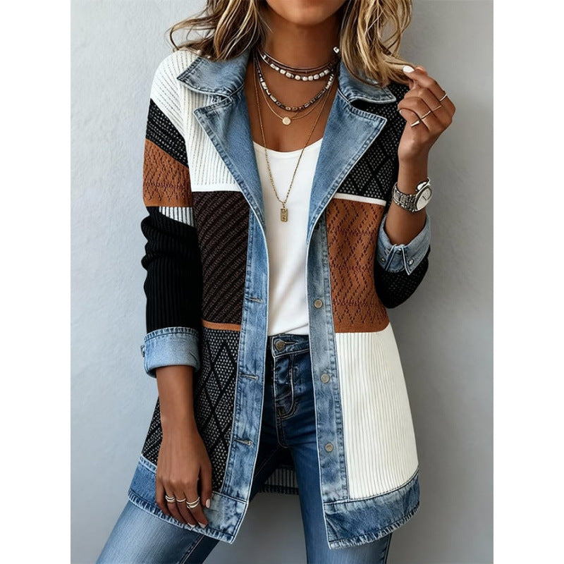 Denim Patchwork Jacket Fashion Commuter Lapel Button-down Long-sleeved Top For Women's Clothing NorixaFashion.com