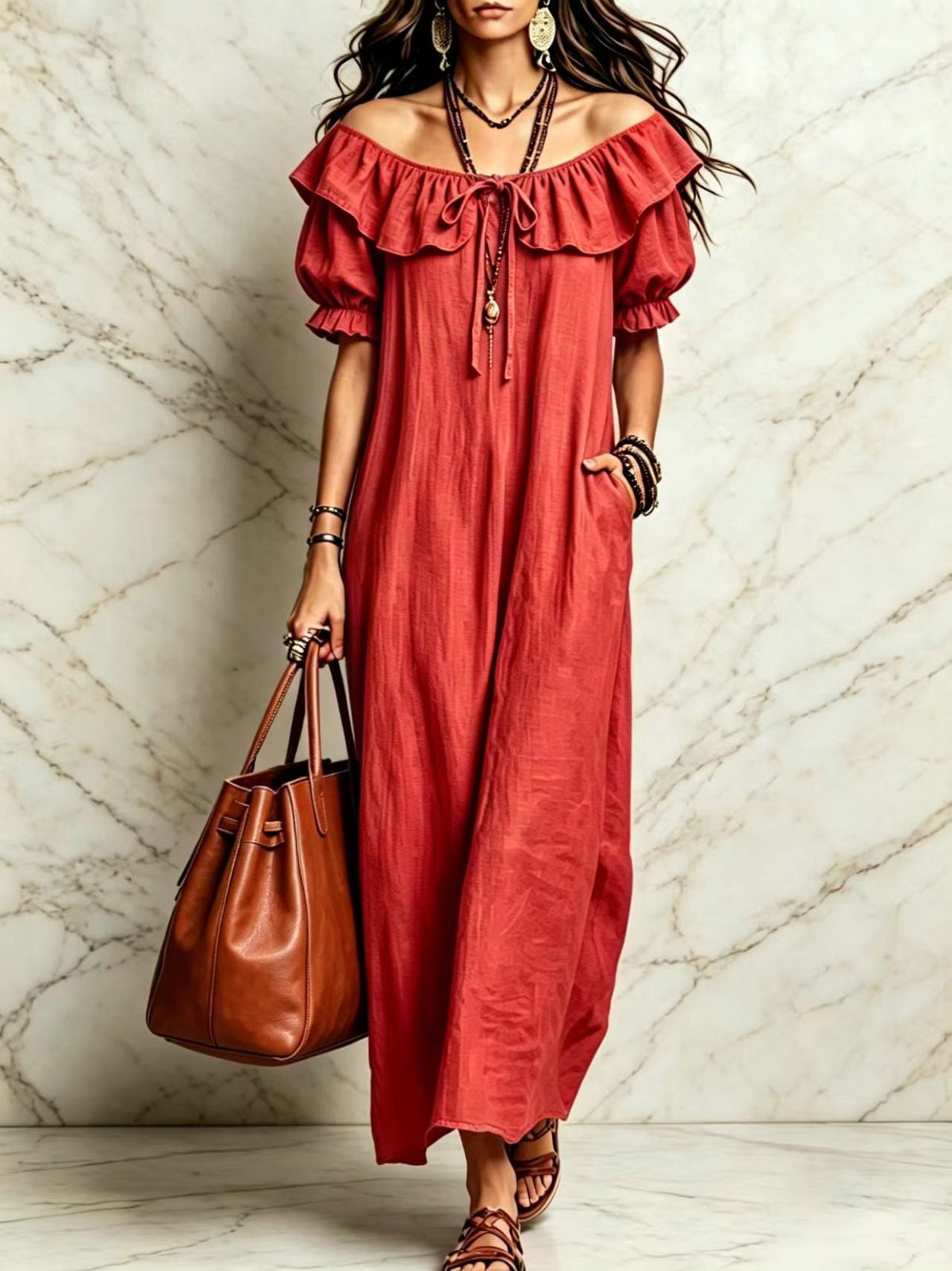 Summer 2026 Women's New Round Neck Ruffled Casual Seaside Vacation Dress From Europe And America NorixaFashion.com