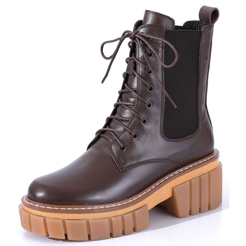 Round Toe High Heeled Leather Platform Retro Martin Ankle Boots LadyShow.Store