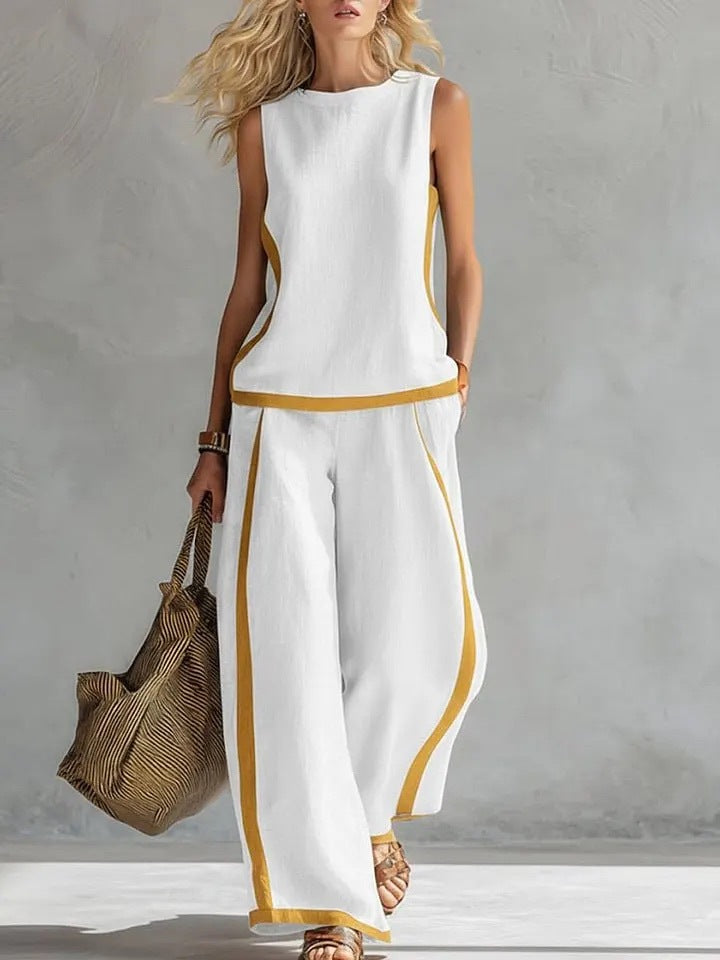 Summer Suits Round-neck Sleeveless Vest Top And High-waist Wide-leg Pants Casual Loose Set NorixaFashion.com