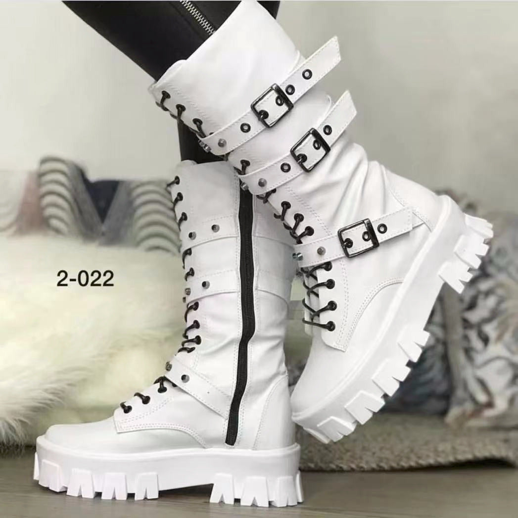 Women's Martin Boots Lace Up Combat Boot Mid Calf Platform Shoes Western Boots LadyShow.Store