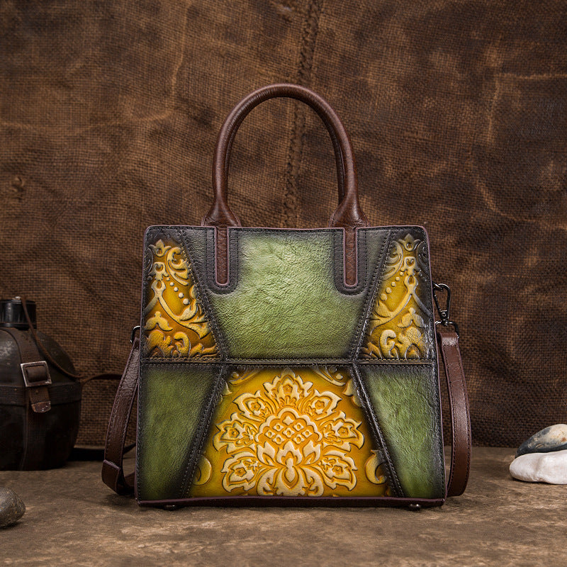 Vintage Tree Embossed Leather Handbag - First Layer Cowhide Retro Women's Purse with Floral Hand-Painting (25x23x11cm) LadyShow.Store