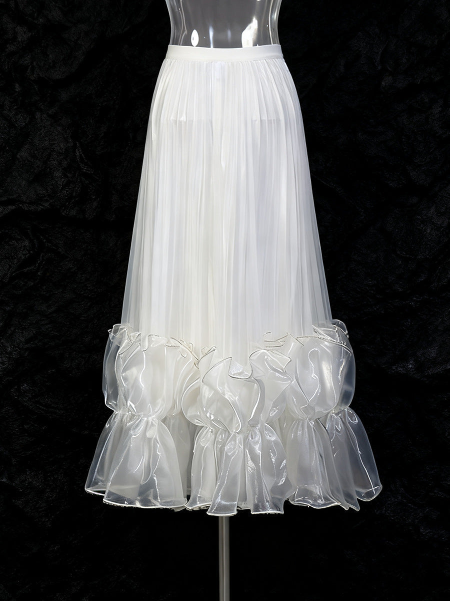 High Waist Pleated Ruffle Hem Midi Skirt NorixaFashion.com