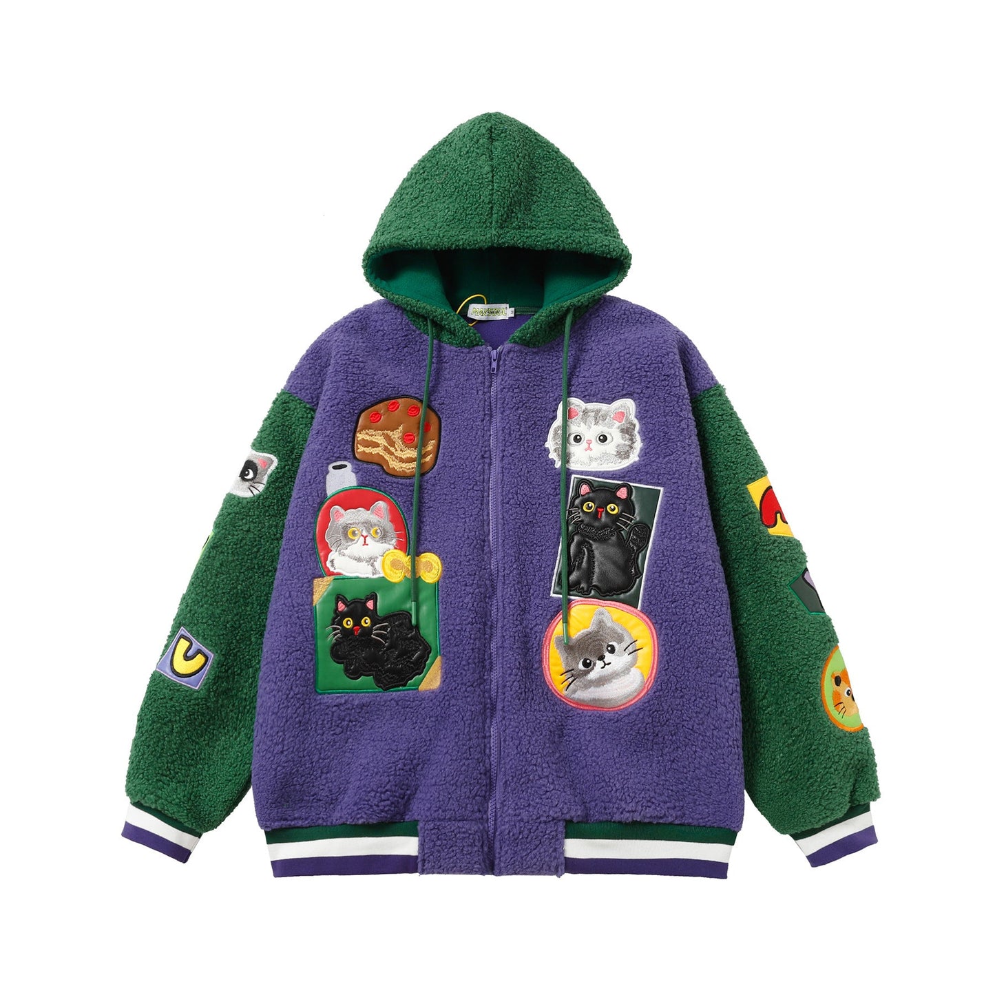 Lamb Wool Stitching Contrast Color Cartoon Cloth Embroidered Cotton-padded Coat Best YouTube Store