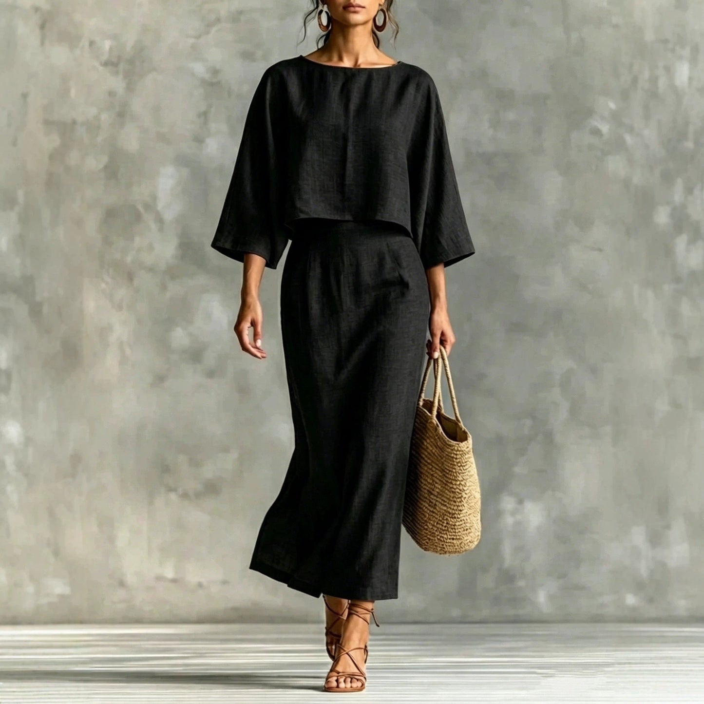 High Waisted Long Skirt Set With A Round Neck Three Quarter Sleeved Loose Fitting Womens Top NorixaFashion.com