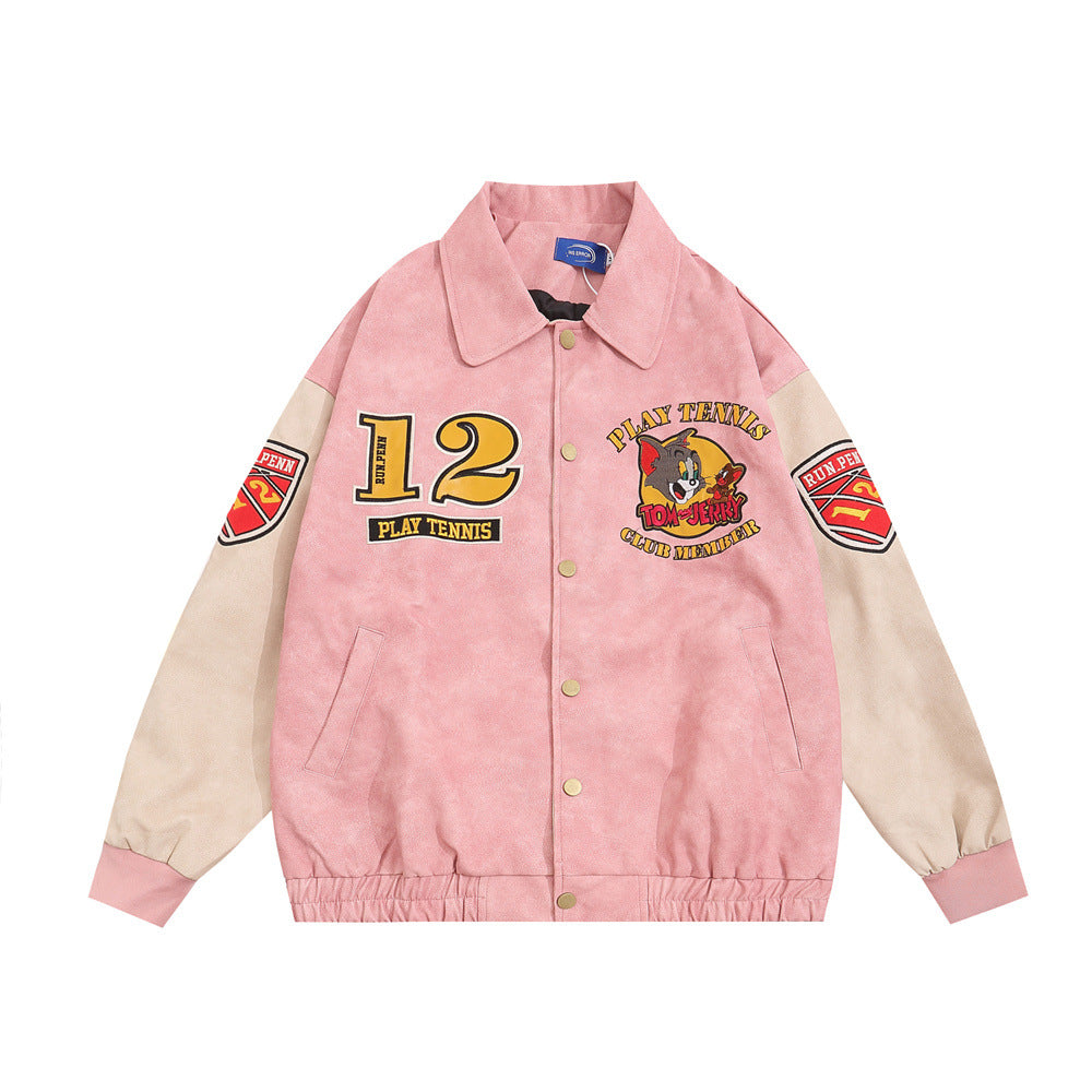 Men's Cartoon Embroidered Cat and Mouse Baseball Jacket Pi-Mart