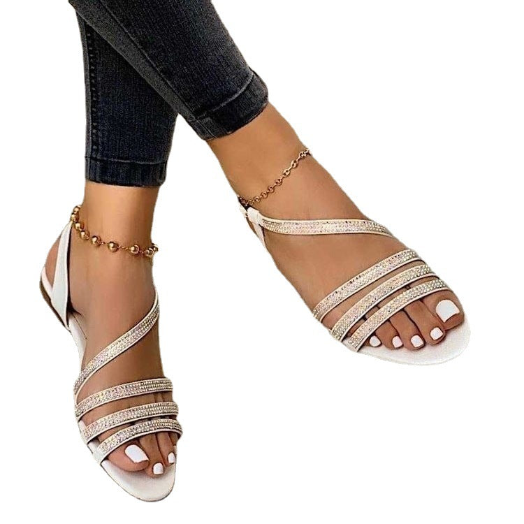 Low Top Round Toe Solid Color Empty Fish Mouth Flat Breathable Rhinestone Fashion Sandals LadyShow.Store