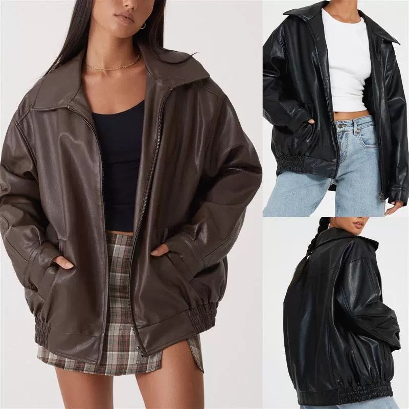 Spring And Autumn European And American Leather Jacket Locomotive Style Loose Top Coat Women CJD