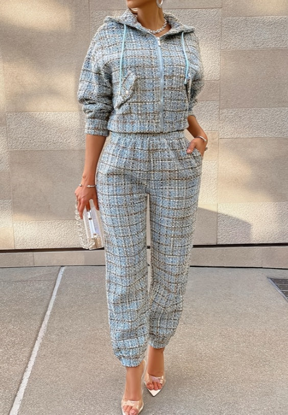 2026 Women's Chanel-style Plaid Hooded Set - High Street Tweed Zip-up Sweatshirt NorixaFashion.com