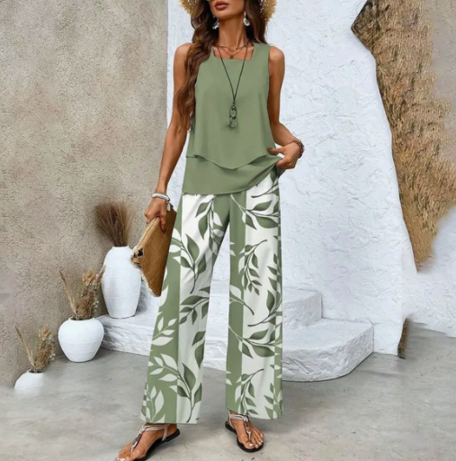 Print Suits Sleeveless Double-layer Vest And Loose Straight Pants Womens Clothing NorixaFashion.com