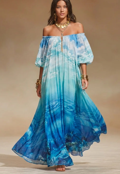 Off-Shoulder Ocean Print Maxi Dress NorixaFashion.com