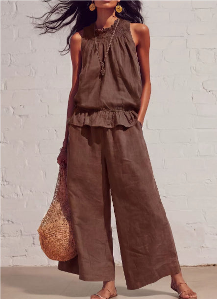 Summer Sleeveless Suit Fashion Ruffled Vest Top And Straight-leg Pants Women's Two-Piece Set NorixaFashion.com