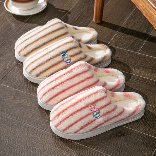 Ins Plush Striped Slippers Winter Warm Letter Embroidered Shoes Fashion Floor Bedroom Home Slipper For Women Men Couples CJD