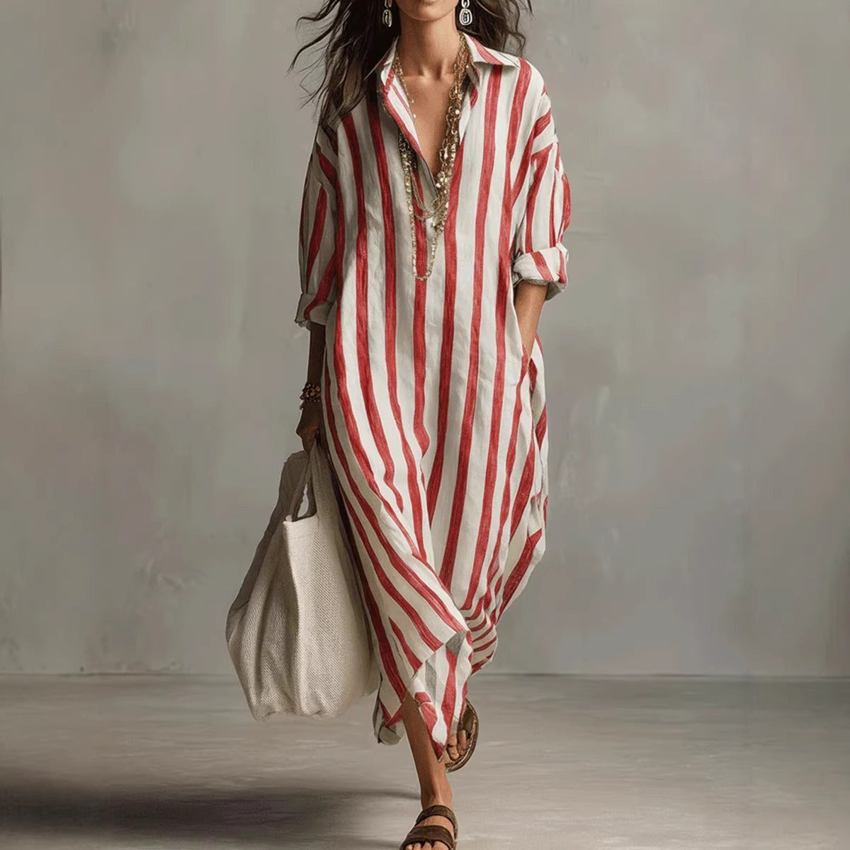 2026 Summer New Arrival, Women's Elegant Long Striped Dress With V-Neck NorixaFashion.com