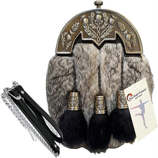 Scottish Kilt Grey Rabbit Fur Full Dress Sporran Unique Enamel Thistle Cantel