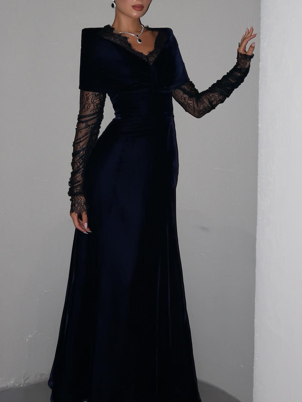 Navy Blue Velvet Lace Long-Sleeve Gown NorixaFashion.com