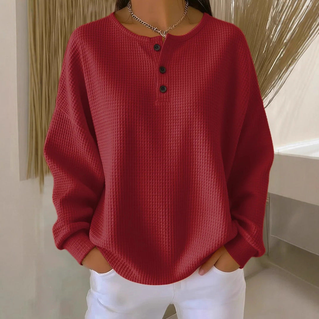 Ins Waffle Long-sleeved T-shirt Fashion Solid Color Buttons Round Neck Pullover Top Women's Clothing NorixaFashion.com