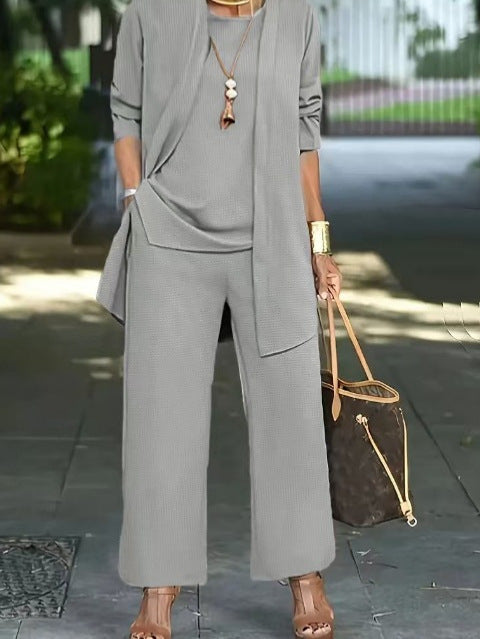 3-piece Cardigan Suit Pure Color Split Sleeveless Vest Top Long Sleeve Jacket And Wide Leg Pants Set NorixaFashion.com