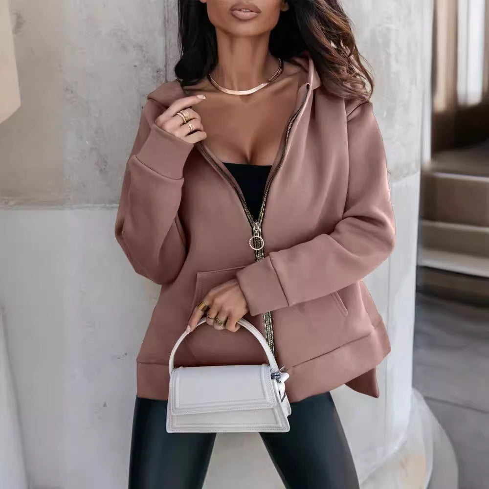 Women's Sports Pocket Loose Zip Casual Hoodie Sweater NorixaFashion.com
