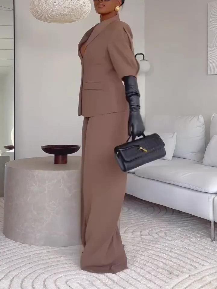 Brown Short-sleeved Blazer & High-waisted Pants Suit NorixaFashion.com
