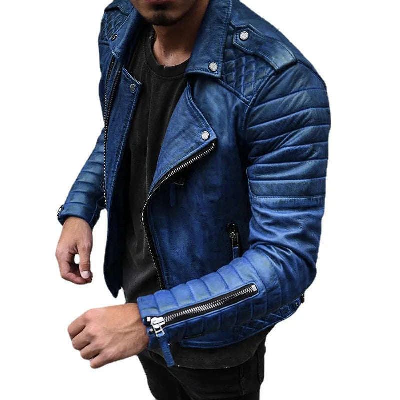 Men's Slim Fit Brown PU Leather Jacket with Lapel Pi-Mart