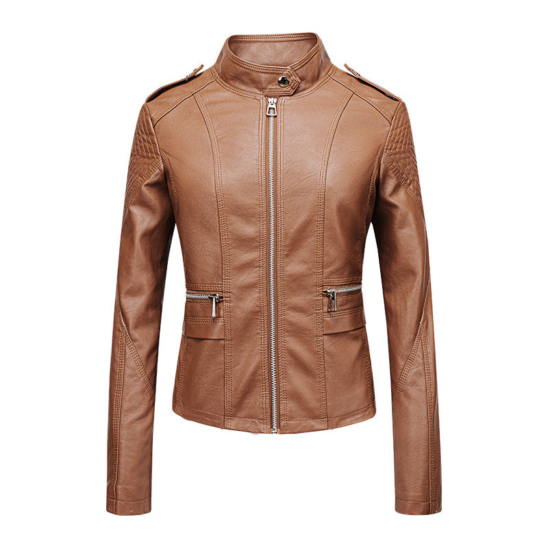 Women's Leather Jacket Women's Slim-fit Leather Jacket Women's Motorcycle Clothing PU Leather Women's Jacket Short Women's Leather Jacket Three-line Craft LadyShow.Store