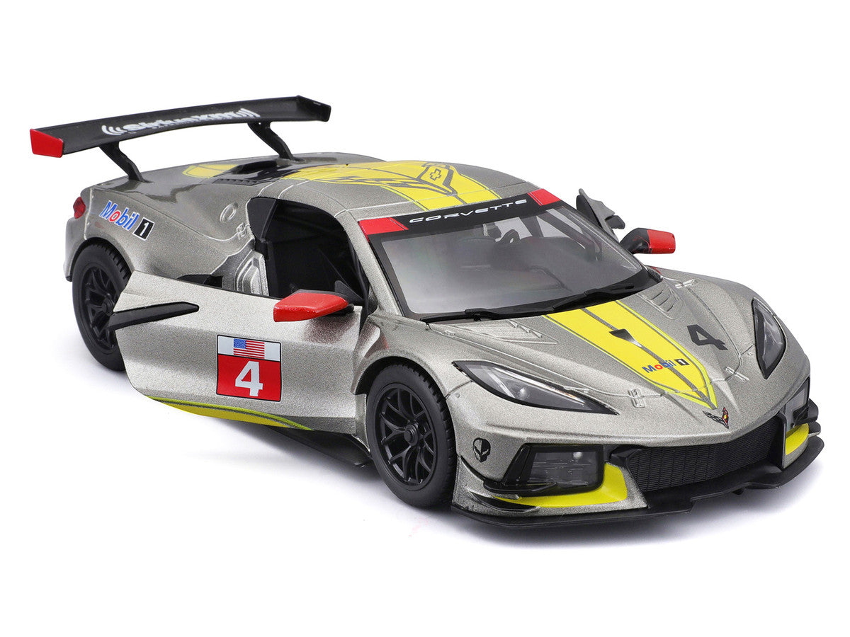 2020 Chevrolet Corvette C8.R #4 Silver Metallic with Yellow Stripes "Race" Series 1/24 Diecast Model Car by Bburago LuxuryLifeWay Online Store