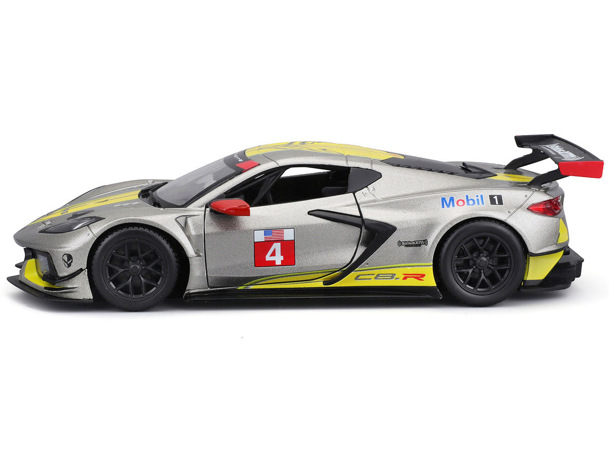 2020 Chevrolet Corvette C8.R #4 Silver Metallic with Yellow Stripes "Race" Series 1/24 Diecast Model Car by Bburago LuxuryLifeWay Online Store