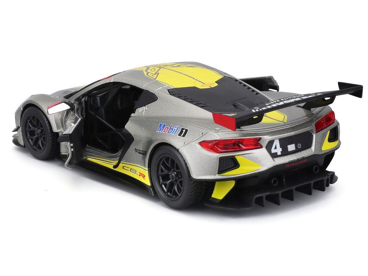2020 Chevrolet Corvette C8.R #4 Silver Metallic with Yellow Stripes "Race" Series 1/24 Diecast Model Car by Bburago LuxuryLifeWay Online Store