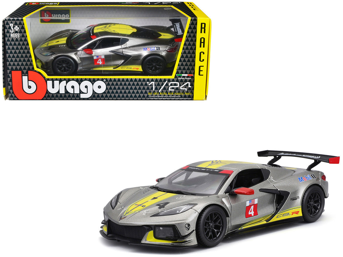 2020 Chevrolet Corvette C8.R #4 Silver Metallic with Yellow Stripes "Race" Series 1/24 Diecast Model Car by Bburago LuxuryLifeWay Online Store