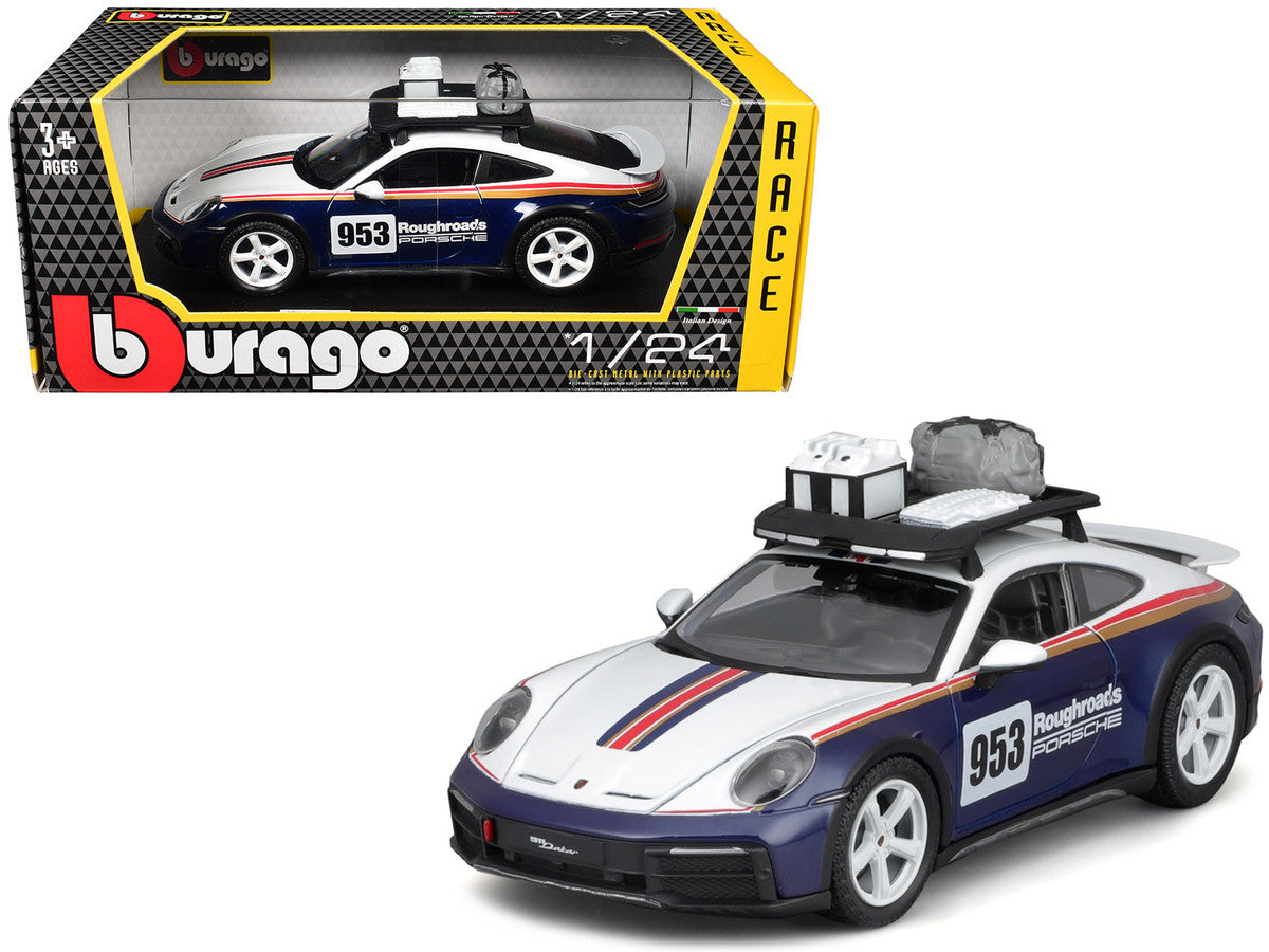 Porsche 911 Dakar #953 "Roughroads Porsche" Blue and White with Stripes and Roof Rack "Race" Series 1/24 Diecast Model Car by Bburago LuxuryLifeWay Online Store