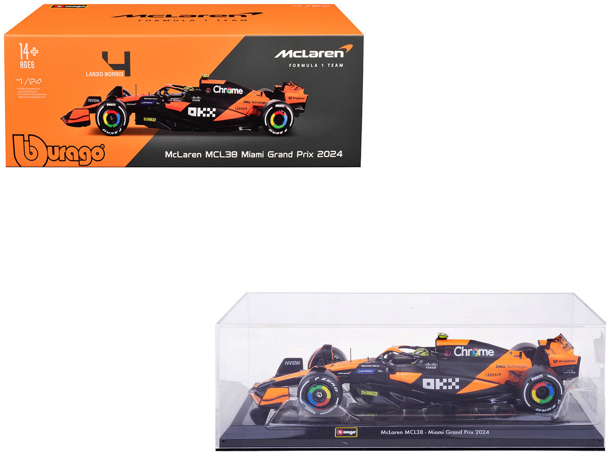 McLaren MCL38 #4 Lando Norris "OKX" Winner Formula One F1 "Miami GP" (2024) with Display Case 1/24 Diecast Model Car by Bburago LuxuryLifeWay Online Store