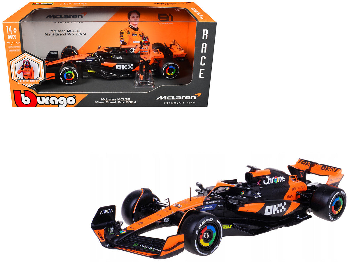 McLaren MCL38 #81 Oscar Piastri "OKX" Formula One F1 "Miami GP" (2024) with Driver Figure "Race" Series 1/24 Diecast Model Car by Bburago LuxuryLifeWay Online Store