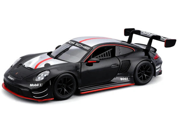Porsche 911 GT3 R Black with Silver Hood and Top and Red Stripe "Race" Series 1/24 Diecast Model Car by Bburago LuxuryLifeWay Online Store