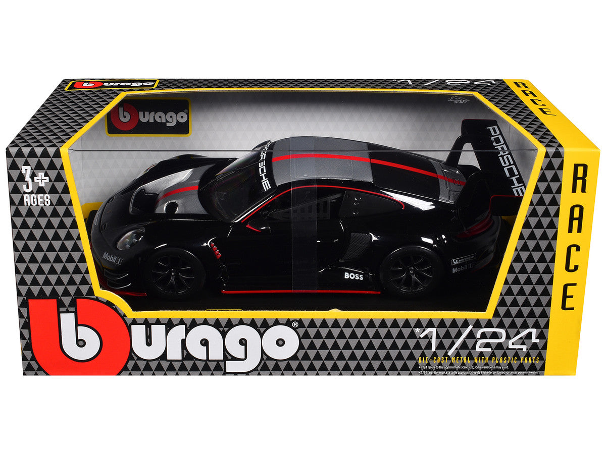 Porsche 911 GT3 R Black with Silver Hood and Top and Red Stripe "Race" Series 1/24 Diecast Model Car by Bburago LuxuryLifeWay Online Store