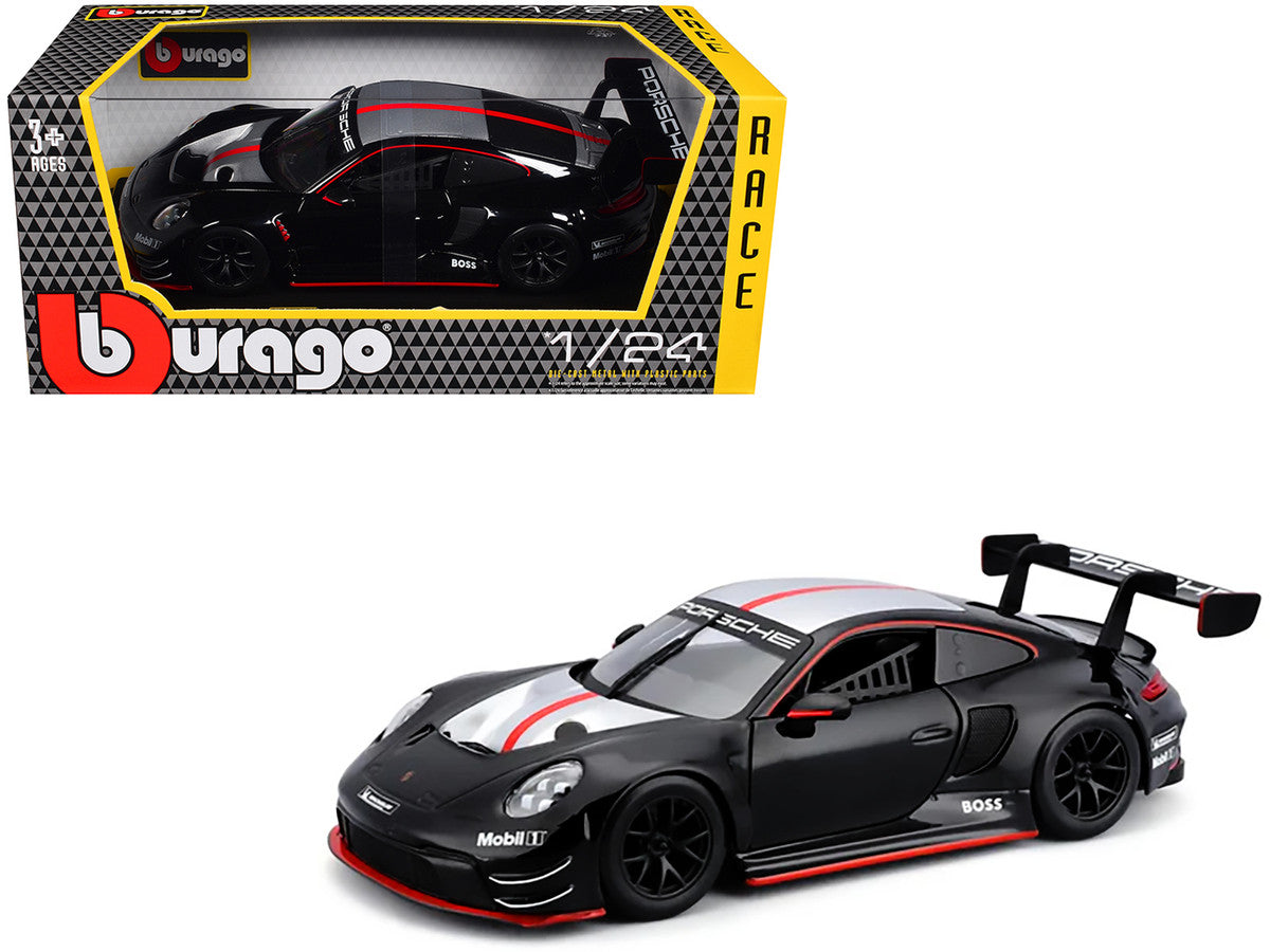 Porsche 911 GT3 R Black with Silver Hood and Top and Red Stripe "Race" Series 1/24 Diecast Model Car by Bburago LuxuryLifeWay Online Store