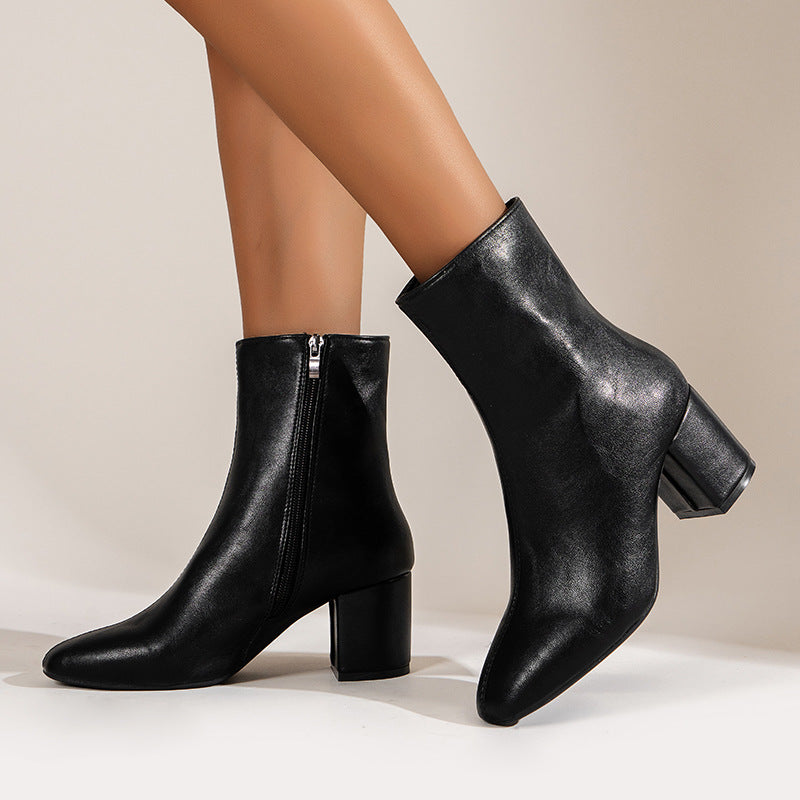 Chunky Heel Pointed Toe Boots With Side Zipper Fashion Mid-calf Boot For Women Shoes LadyShow.Store