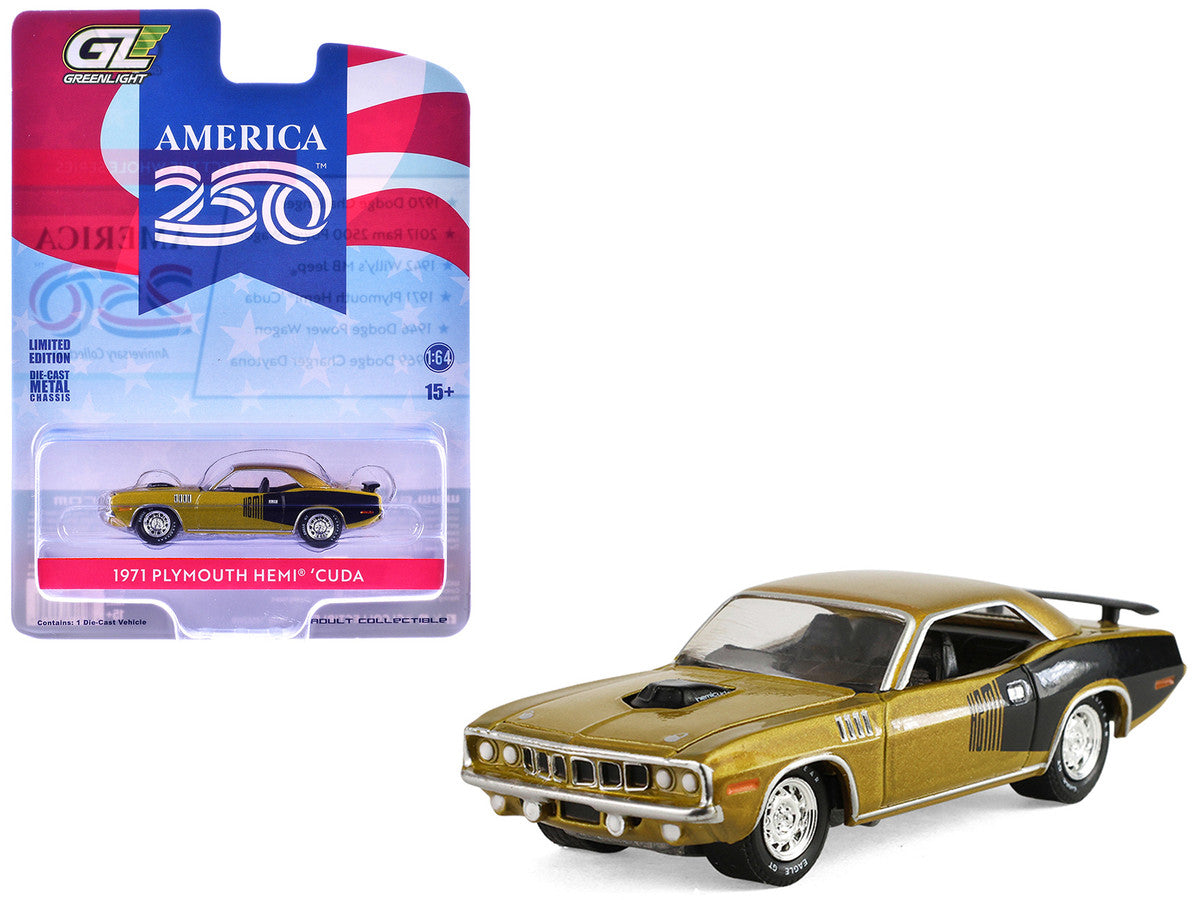 1971 Plymouth Hemi ‘Cuda Gold Metallic with Black Accents "America 250 Edition" "Anniversary Collection" Series 18 1/64 Diecast Model Car by Greenlight LuxuryLifeWay Online Store