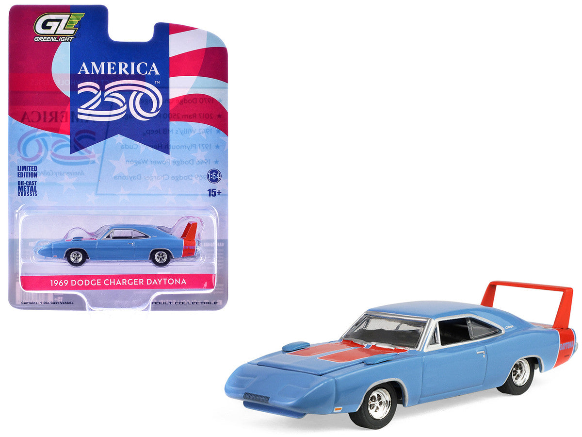 1969 Dodge Charger Daytona Blue with Red Stripes "America 250 Edition" "Anniversary Collection" Series 18 1/64 Diecast Model Car by Greenlight LuxuryLifeWay Online Store