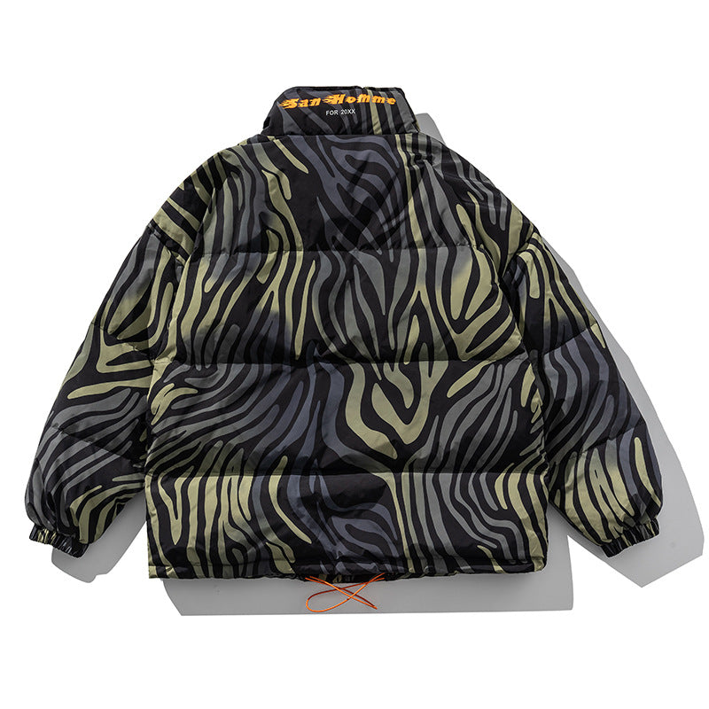Men's Stand-Collar Down Jacket American Casual Loose Zebra Pattern Thick Coat