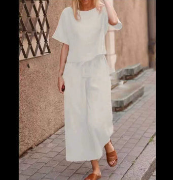 European And American Women's Linen Casual Loose Solid Color Suit Two-piece Women LadyShow.Store
