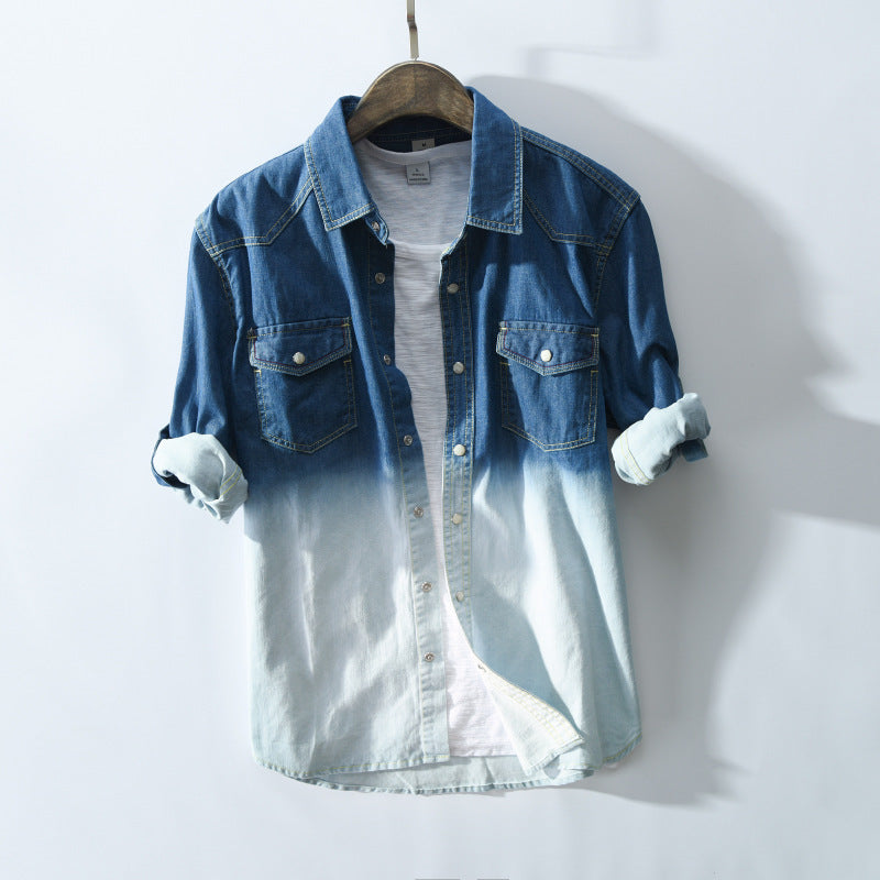 Men's Gradient Color Denim Shirt Jacket with Pockets Pi-Mart