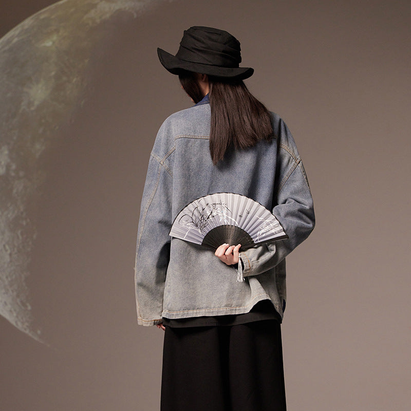 Vintage Chinese Style Loose Denim Jacket for Women Pi-Mart