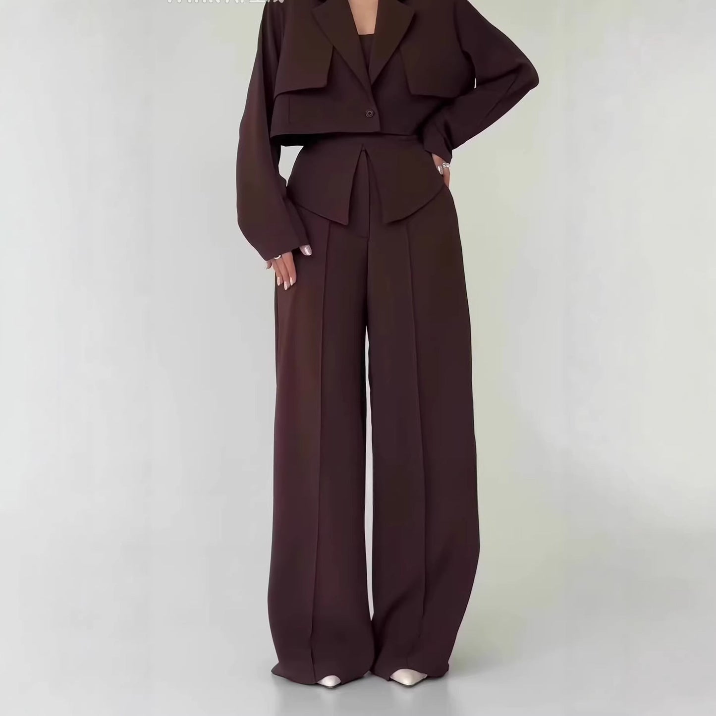 Womens Solid-color Elegant Blazer And Wide-leg Suspender Pants Set NorixaFashion.com