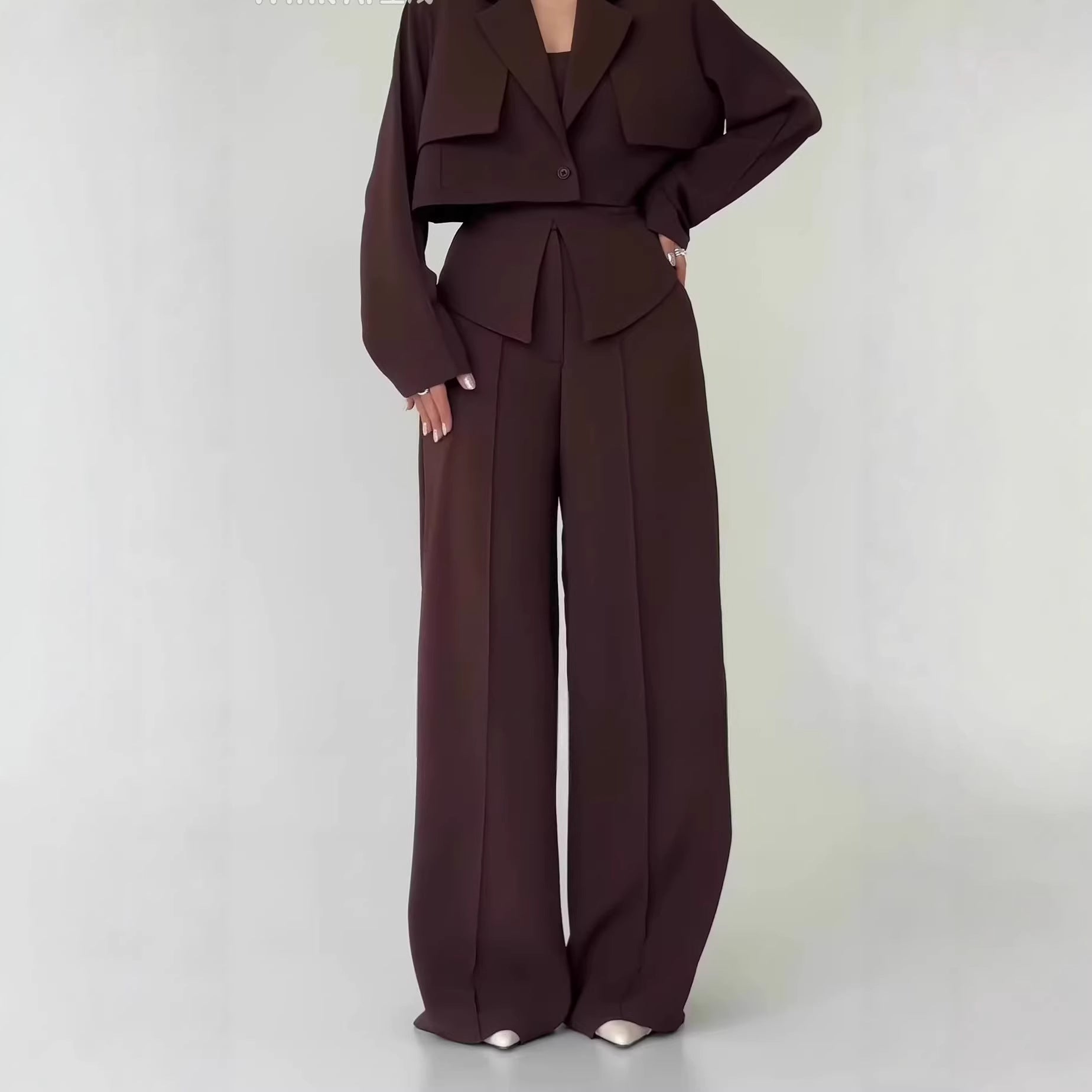 Womens Solid-color Elegant Blazer And Wide-leg Suspender Pants Set NorixaFashion.com