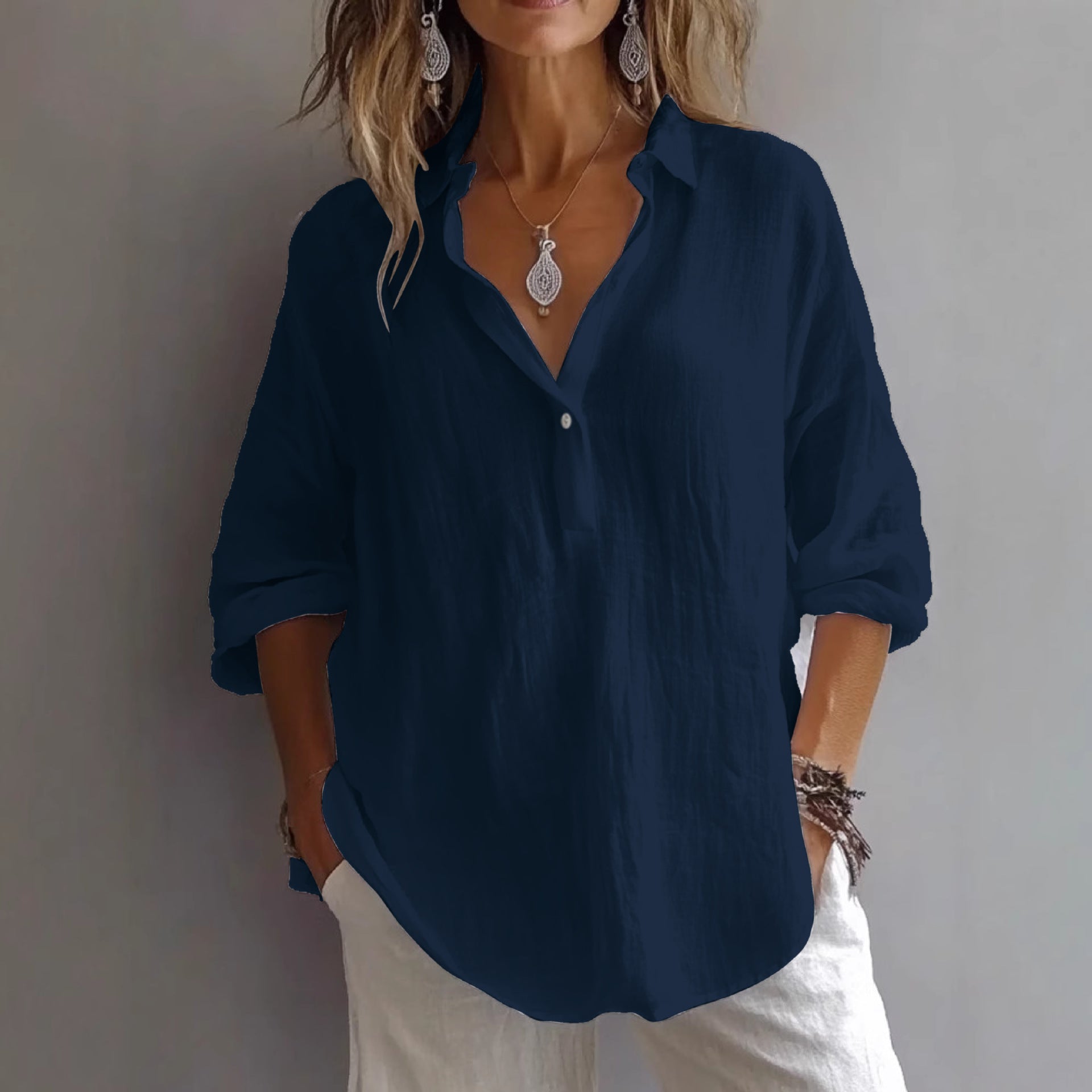 Fashion Long-sleeved Lapel Pullover Shirt Casual Loose Solid Color T-shirt Tops Women's Clothing NorixaFashion.com