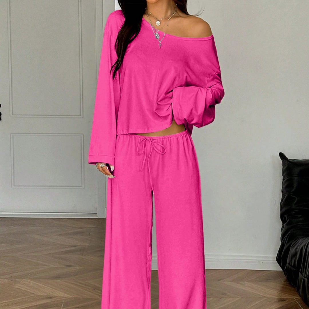Womens Solid-Color Casual Off-the-Shoulder Long-Sleeve Pants NorixaFashion.com